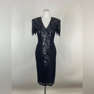 🖤Black Beaded Dress🖤Formal Open Back Black Tie Bugle Bead Sequin Short Sleeve